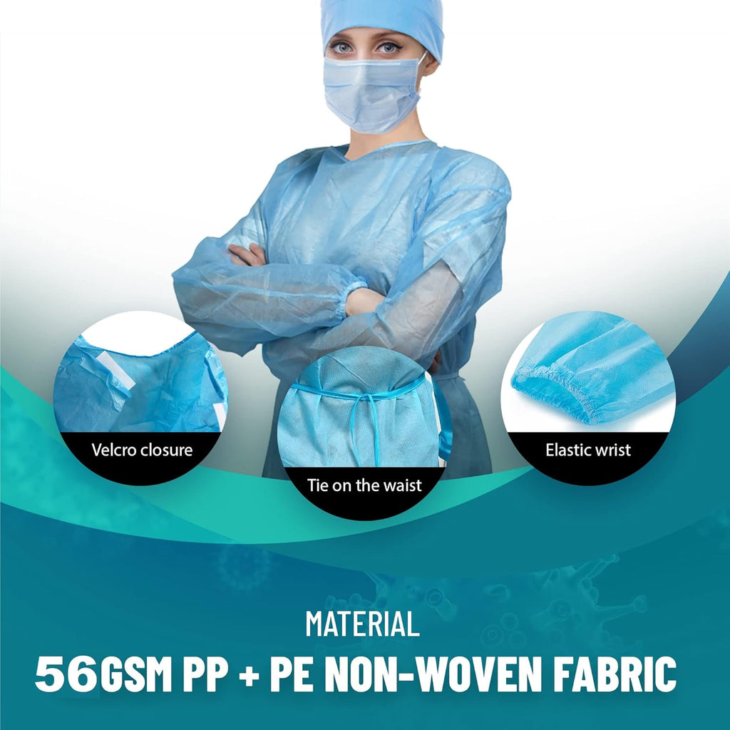 100 Pack Disposable Isolation Gowns Blue Level 2 SMS 40gsm Non-Woven Material T263