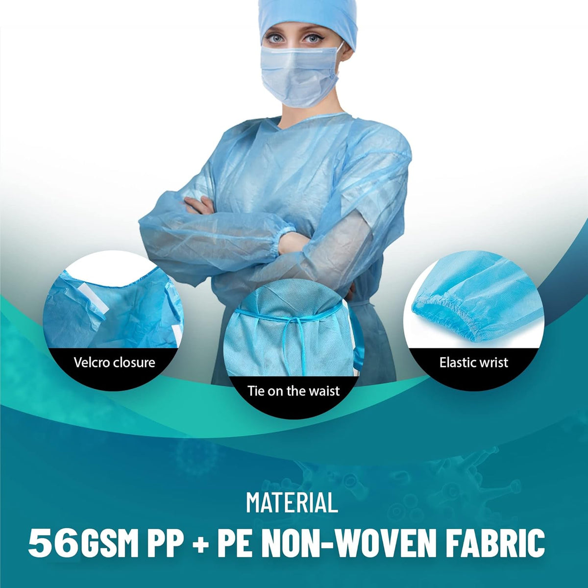 100 Pack Disposable Isolation Gowns Blue Level 2 SMS 40gsm Non-Woven Material T263