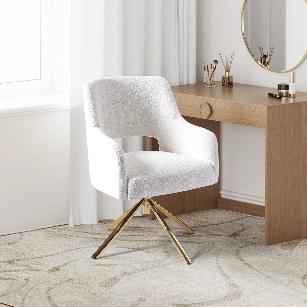 Cream Boucle Fabric Upholstered Swivel Accent Chair H872