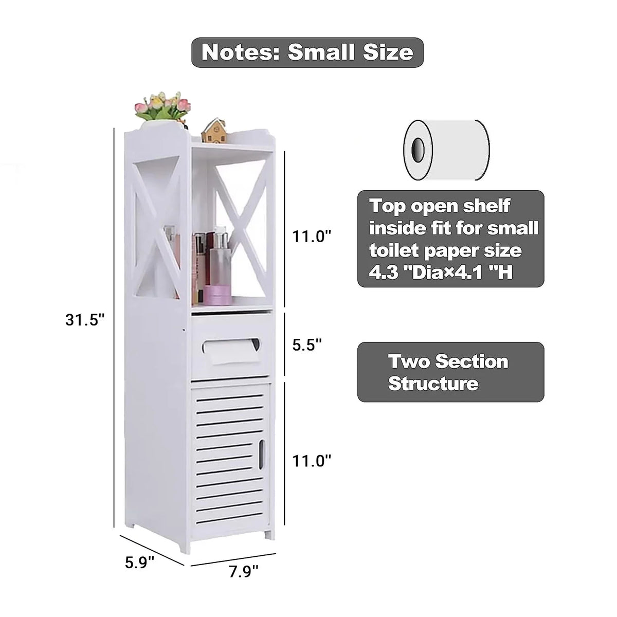 White 4 Tier Bathroom Storage Cabinet with 1 Door and 3 Shelves P7498