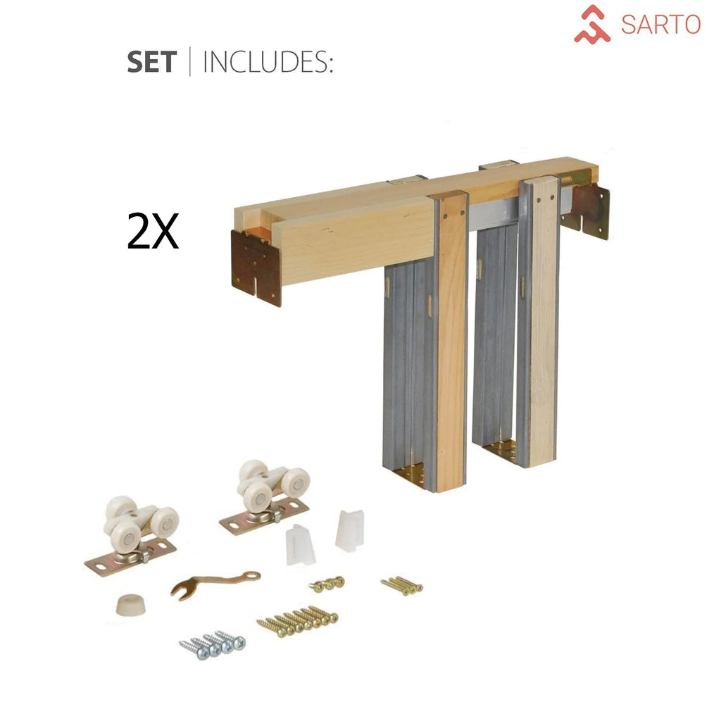 Nordic White Solid Wood Double Pocket Doors with Frosted Glass X217800