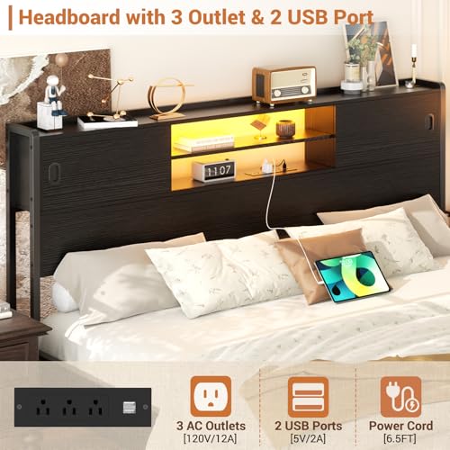 Black Queen Size Storage Headboard with Outlet USB and LED Light N243