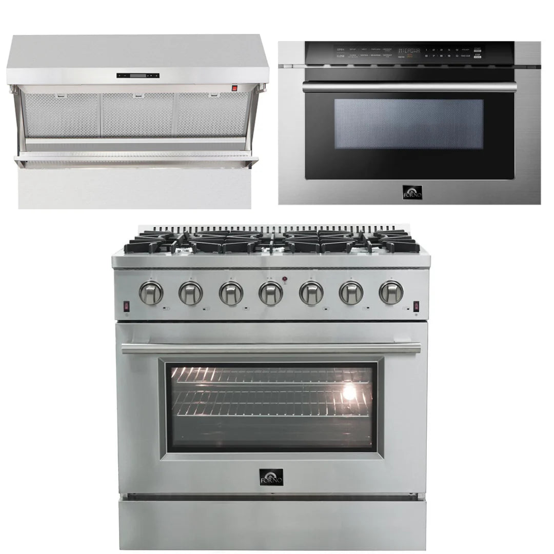 36 Inch Gas Range, Wall Mount Range Hood, Microwave Drawer G6534
