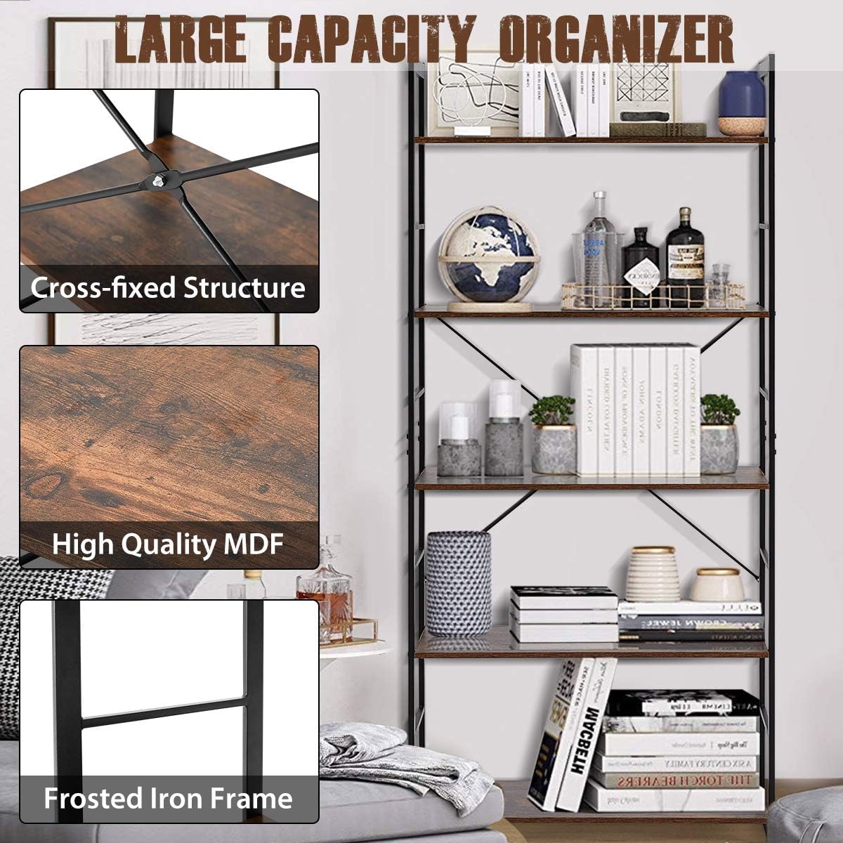 5 Tier Rustic Wood and Metal Bookshelf K3522
