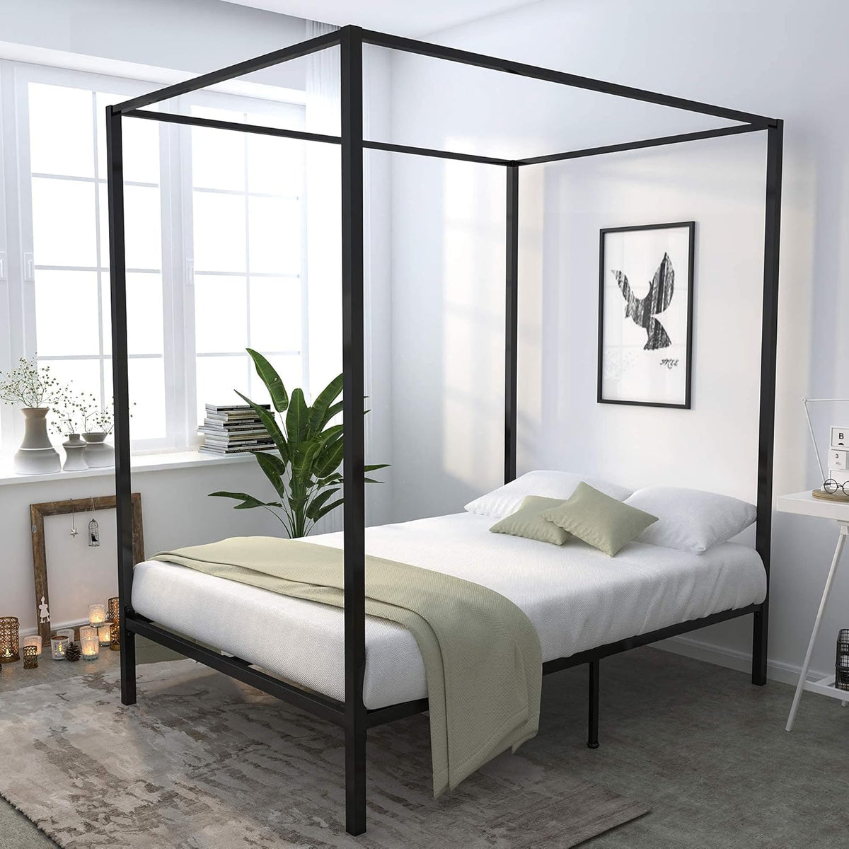 Metal Queen Size Canopy Bed Frame with Wood Slat Support D880