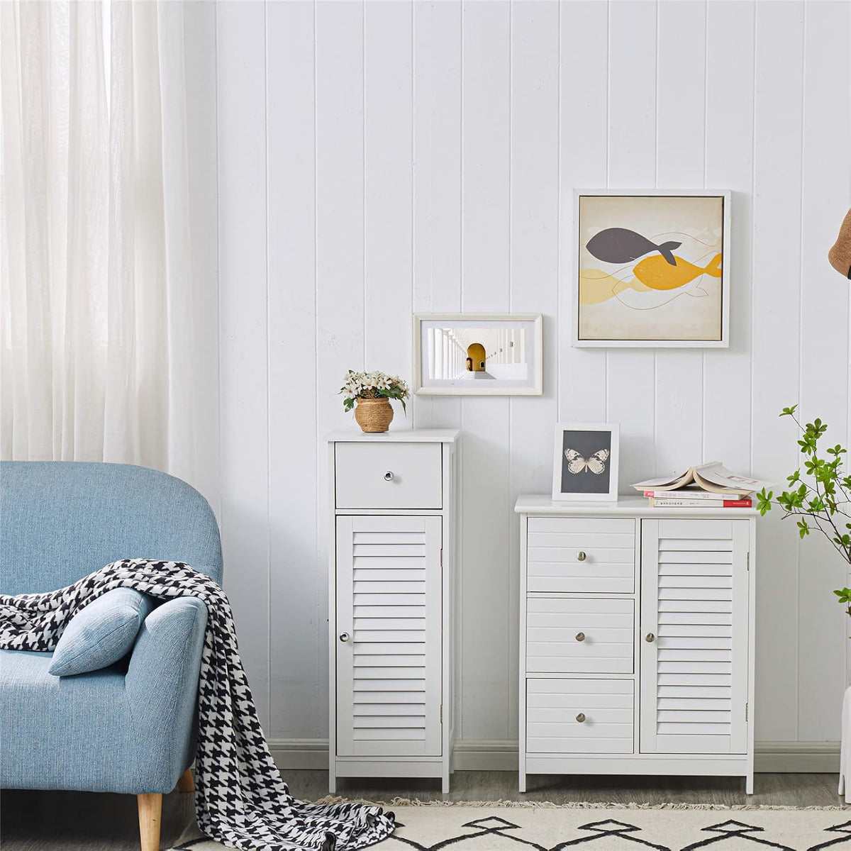 White Bathroom Storage Cabinet with 3 Drawers and 1 Two Layers Cabinet L421760