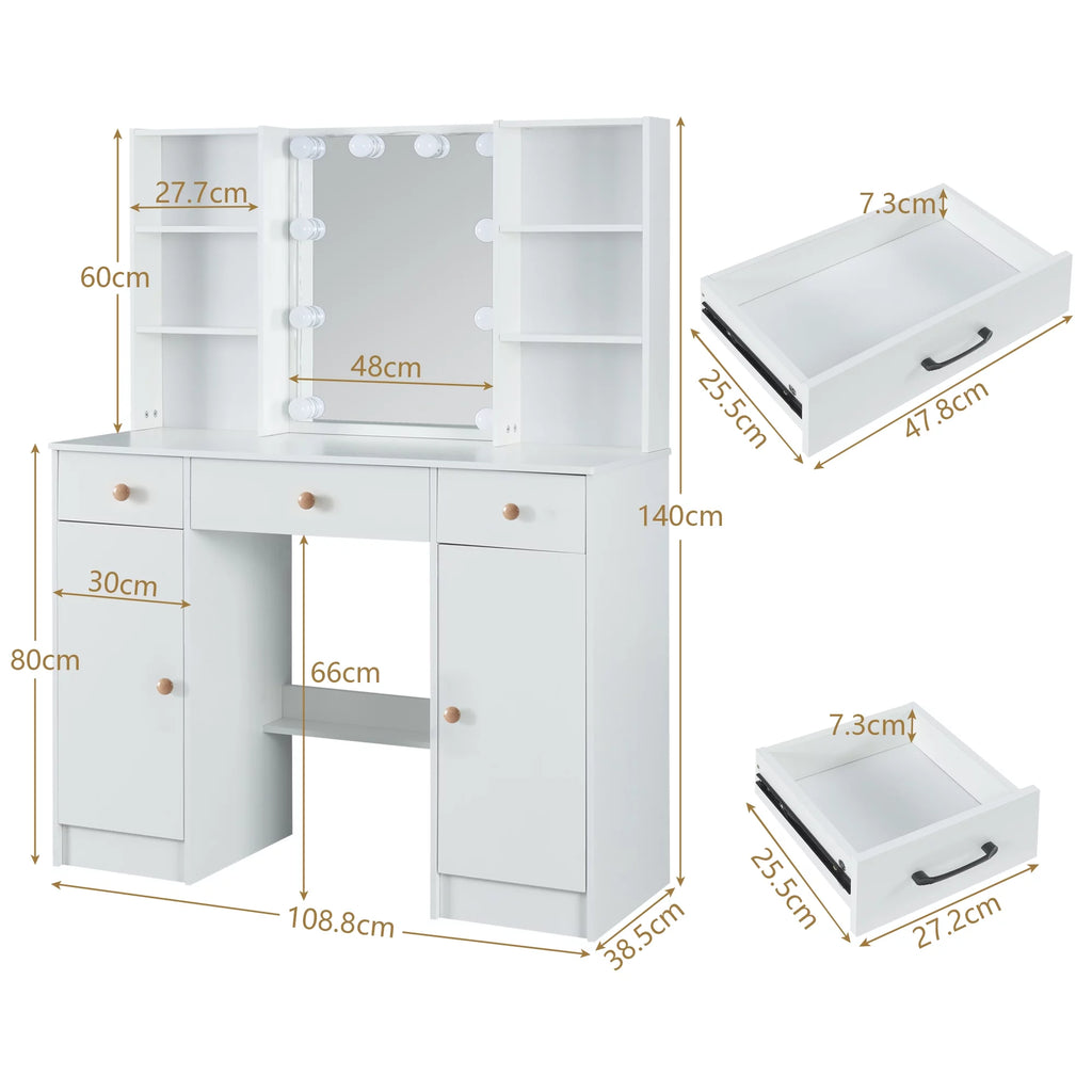 White Vanity Set with Lighted Mirror and Stool J2301