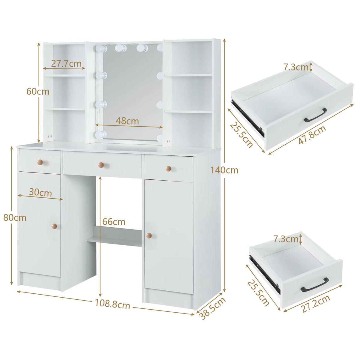 White Vanity Set with Lighted Mirror and Stool J2301