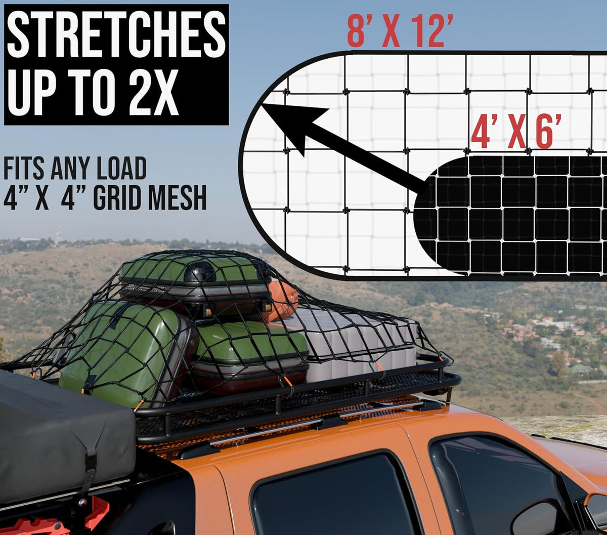 4'x6' Stretches to 12'x8.5' Durable Latex Mesh Bungee Cargo Net with 12 Metal Carabiners L85466