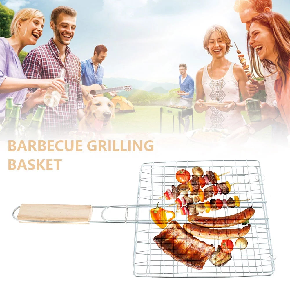 Stainless Steel Folding Barbecue Grilling Basket with Wooden Handle E128383