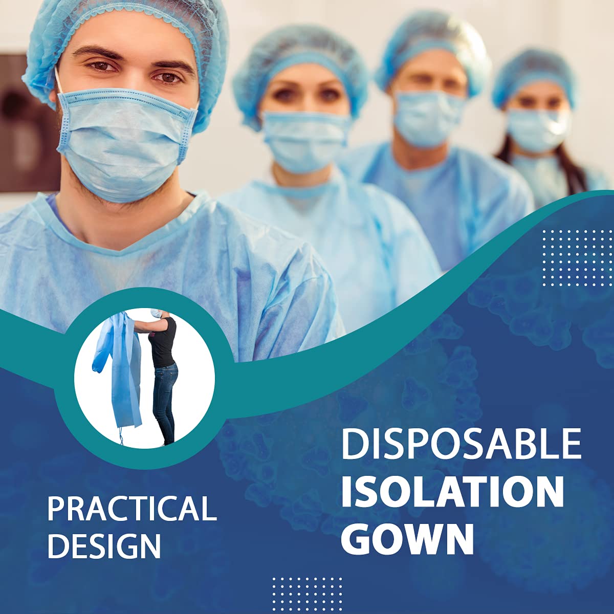 100 Pack Disposable Isolation Gowns Blue Level 2 SMS 40gsm Non-Woven Material T263