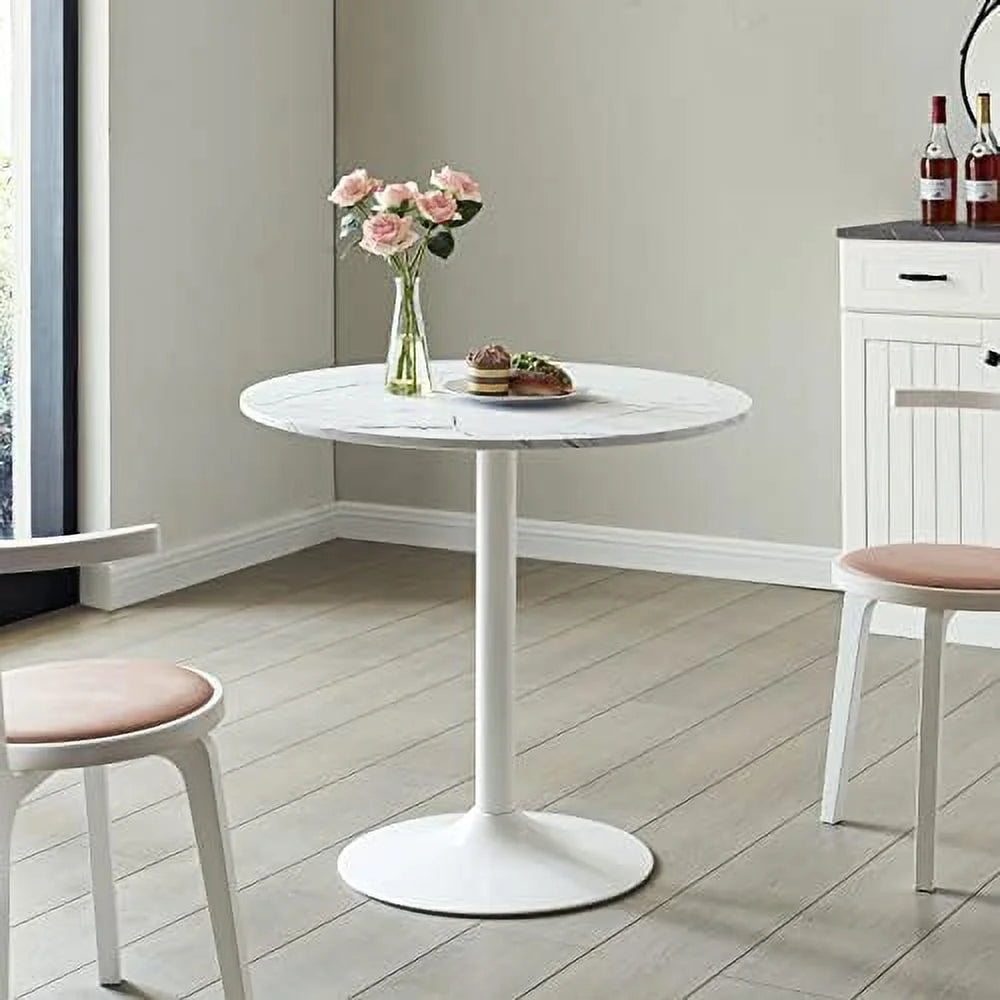 White Round Dining Table with Faux Marble Top B369236