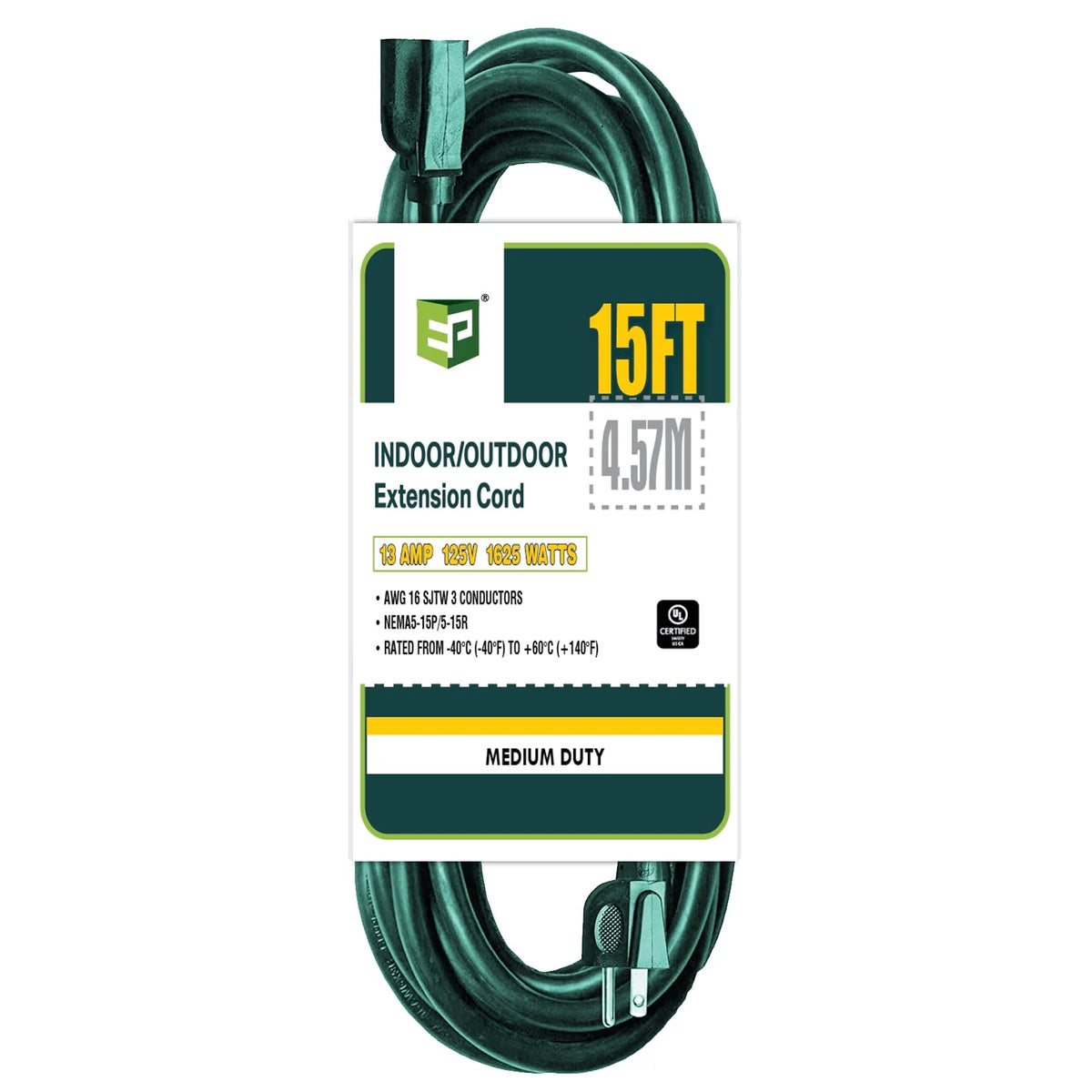 15 Ft Green 16/3 SJTW Extension Cord K5070