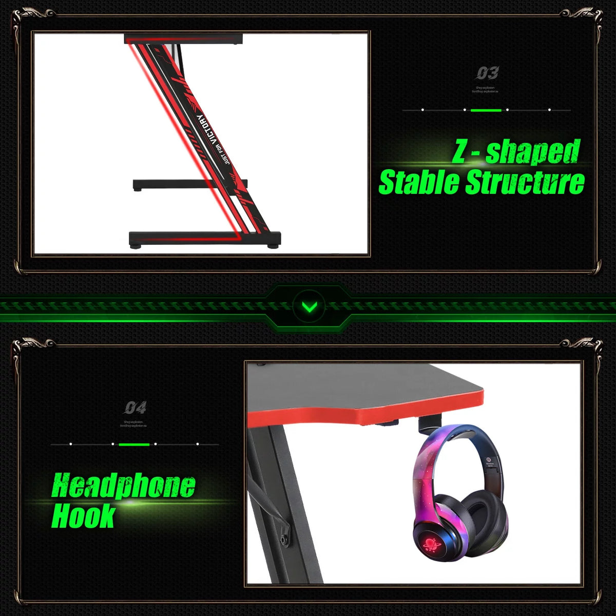 Gaming Desk Z Shaped 39in Ergonomic Gaming Table with Headphone Hook L529
