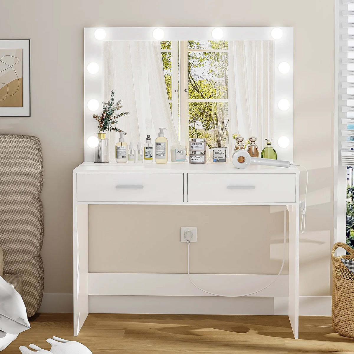 White Makeup Vanity Desk with Lighted Mirror and 2 Drawers R85126