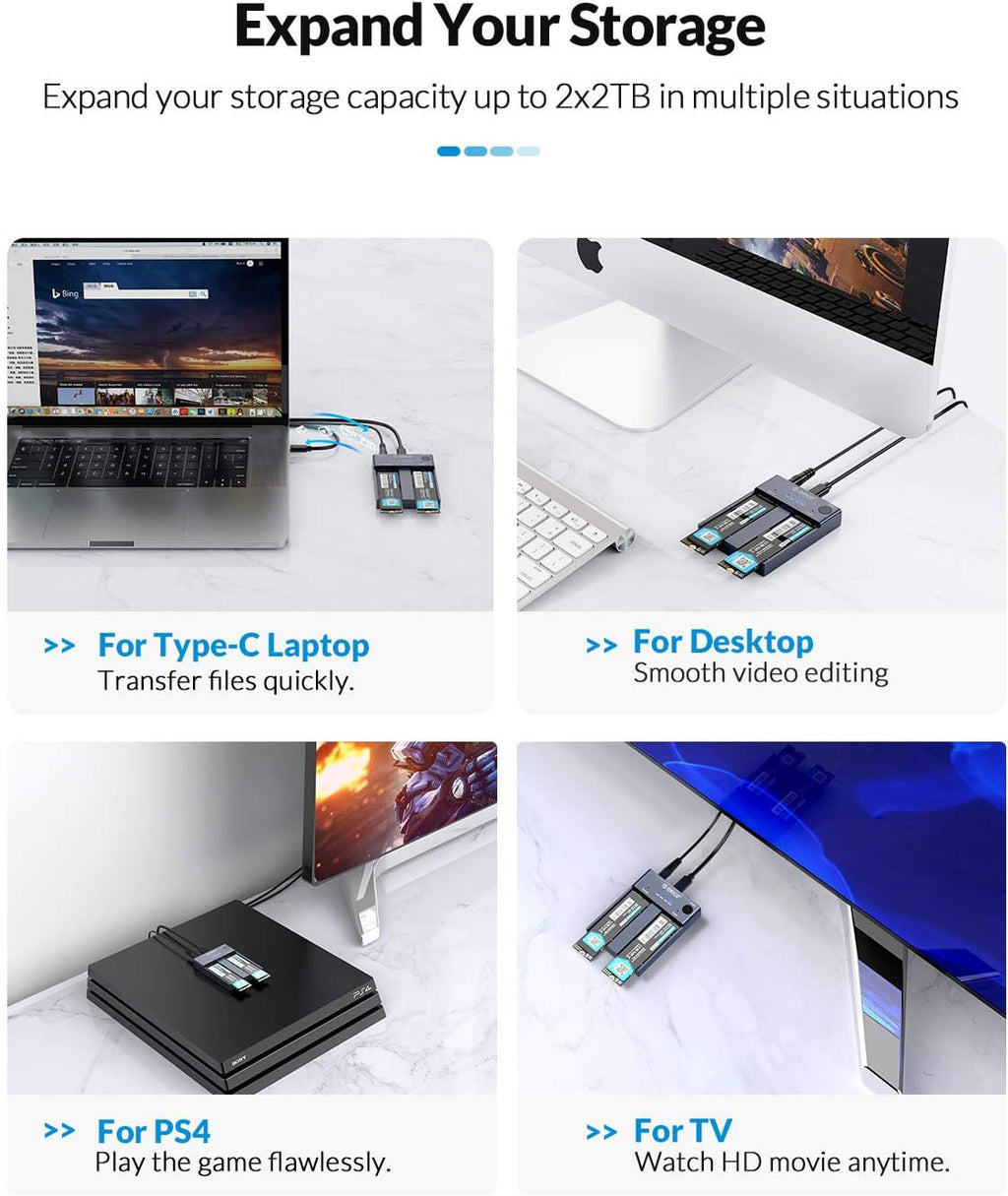 Dual-Bay NVME Docking Station, Tool-Free USB C to NVME SSD Enclosure for M Key PCIe 2242 2260 2280 22110 M.2 SSDs, Support Offline Clone Duplicator Function Up to 10Gbps D98379