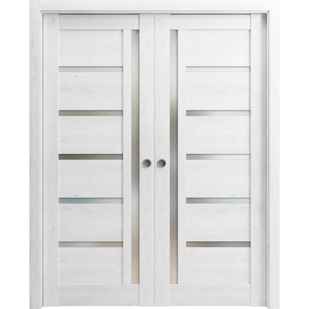 Nordic White Solid Wood Double Pocket Doors with Frosted Glass X217800