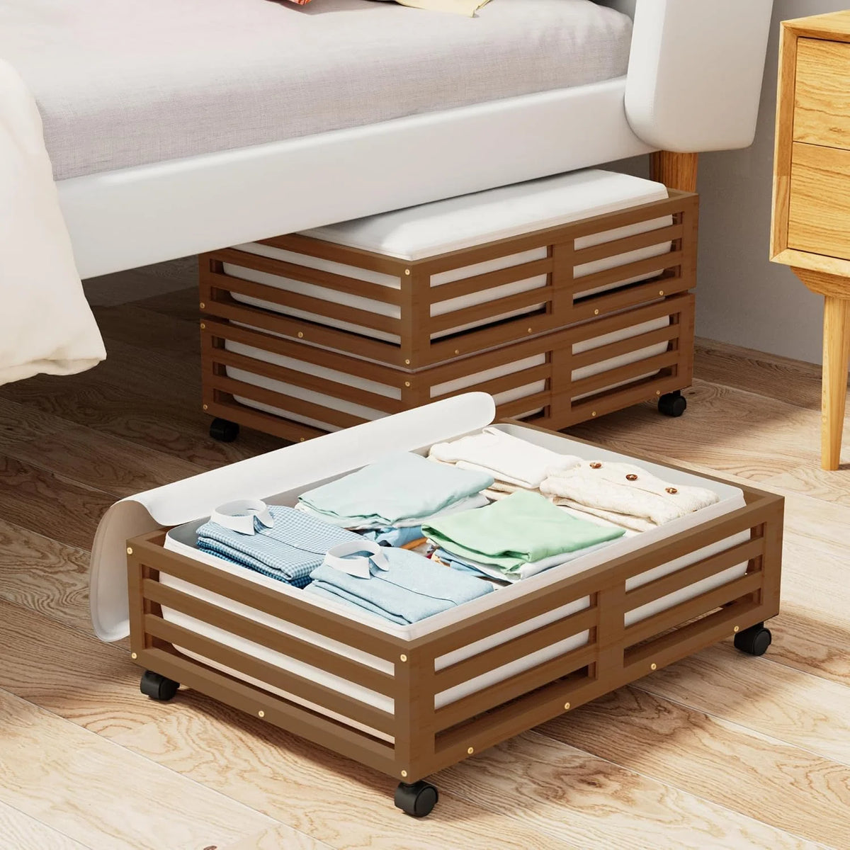 Bamboo Under Bed Storage Containers with Wheels 2 Packs K9110