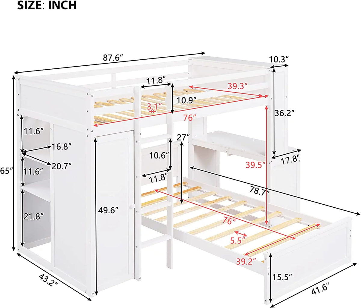White Wooden Over Bunk Bed with Desk and Drawers Y690758