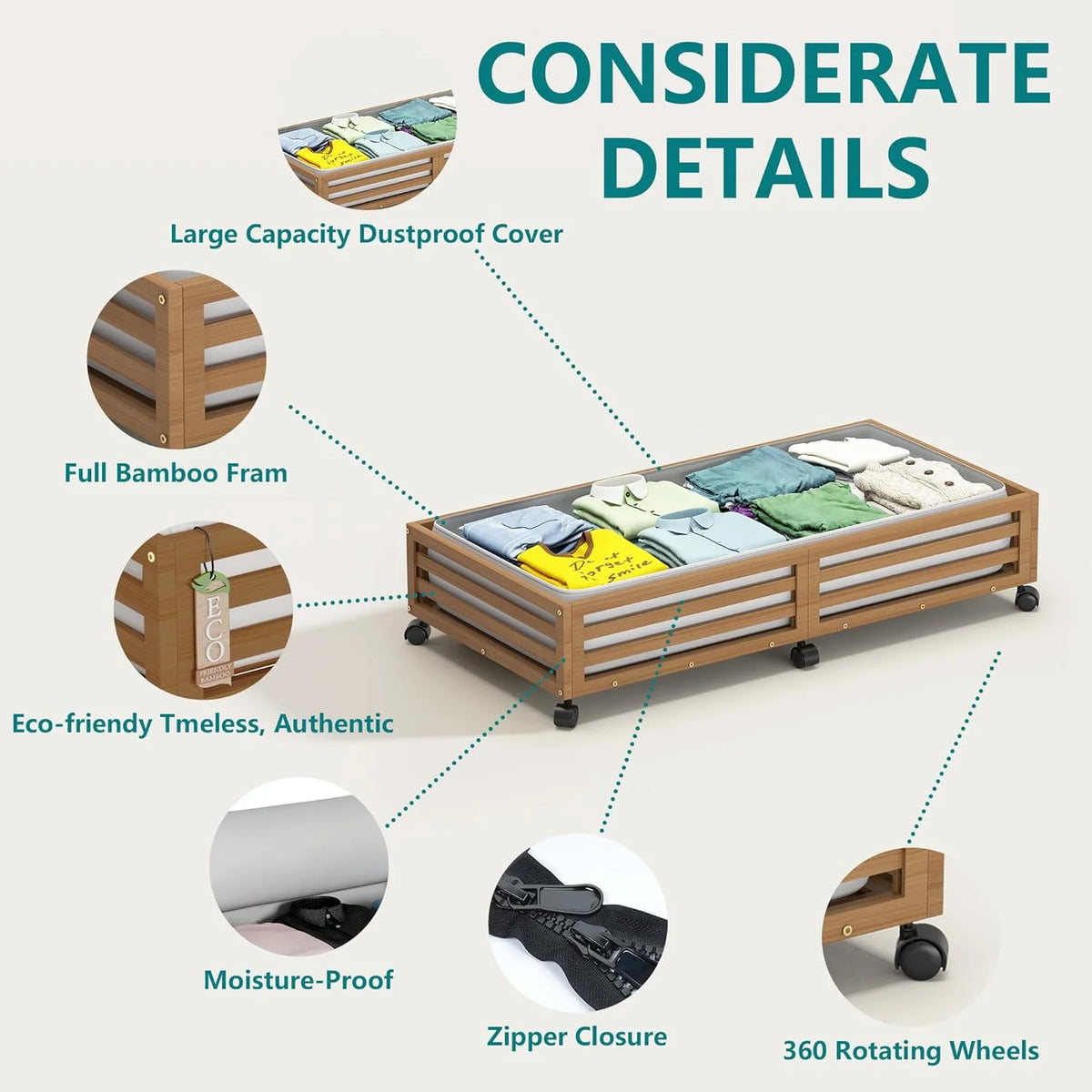 Bamboo Under Bed Storage Containers with Wheels 2 Packs K9110