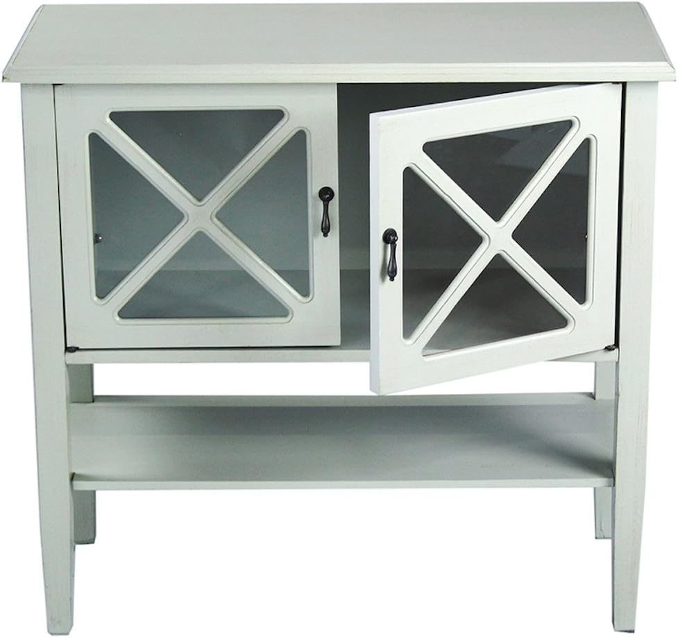 2 Door Accent Console Cabinet with X Pane Glass Insert and Bottom Shelf Seafoam Green B4921