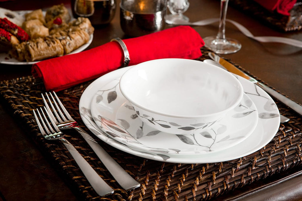 12-Piece Vitrelle Misty Leaves Chip and Break Resistant Dinner Set, Grey D3741