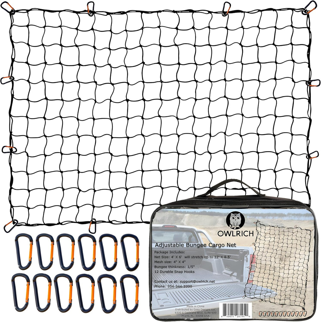 4'x6' Stretches to 12'x8.5' Durable Latex Mesh Bungee Cargo Net with 12 Metal Carabiners L85466