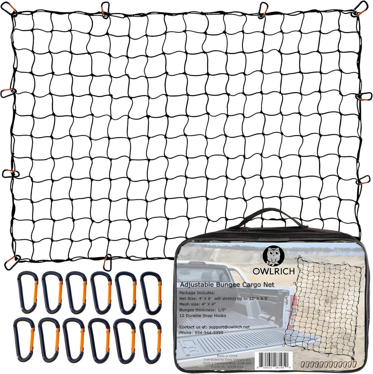 4'x6' Stretches to 12'x8.5' Durable Latex Mesh Bungee Cargo Net with 12 Metal Carabiners L85466