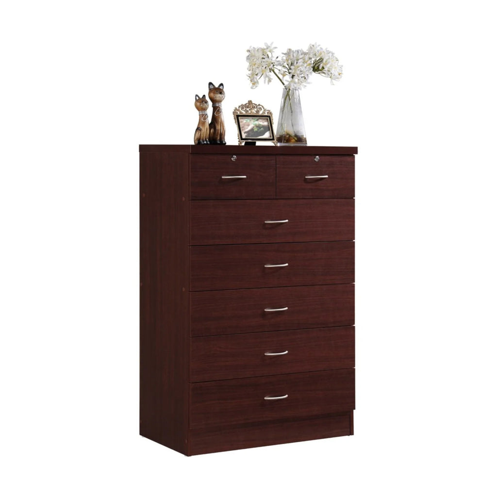 7 Drawer Wooden Jumbo Dresser Chest with 2 Top Locks, Cherry J6235