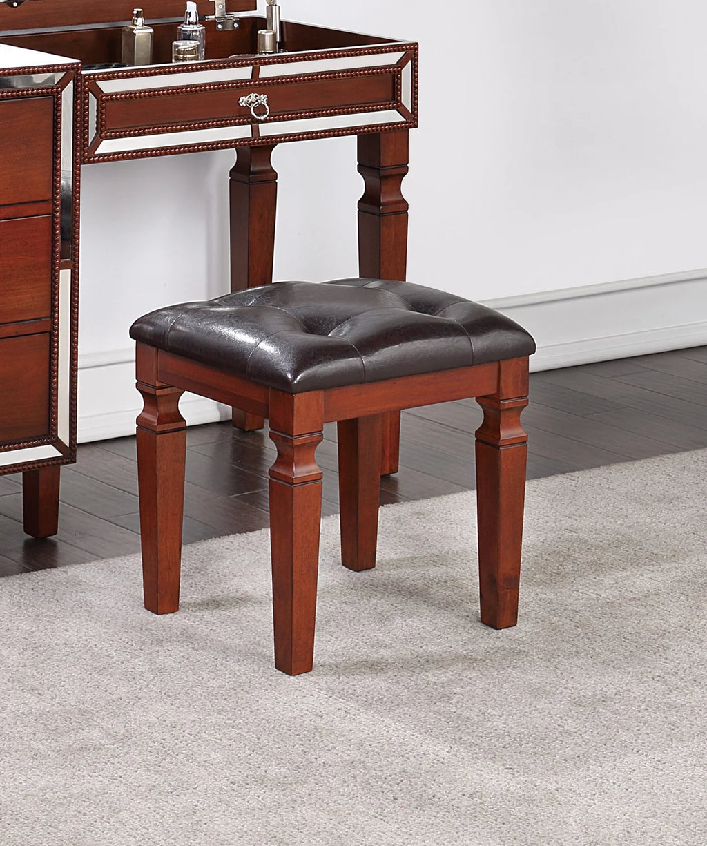 Cherry Color Vanity Set with Stool and Storage Drawers A12307