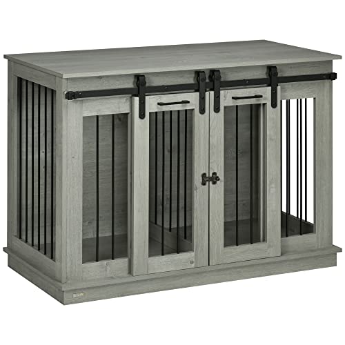 Large Dog Crate Furniture with Divider, Double Doors, 47" W x 23.5" D x 35" H, Oak Q350287