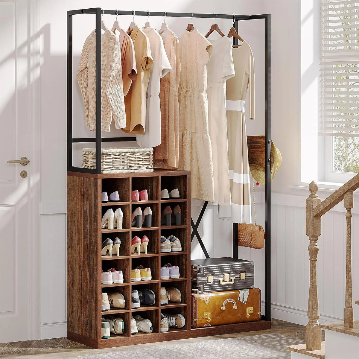 71" Brown Wood Coat Rack with 18 Shoe Cabinets T489770