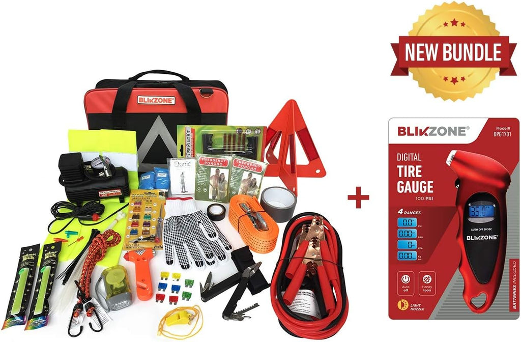 82 Pc Auto Roadside Emergency Car Kit with Tire Repair Kit, Jumper Cables, Portable Air Compressor, Tow Strap, Emergency Triangle T709