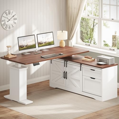 Black L Shaped Standing Desk with Storage Drawers and Power Outlets G8050