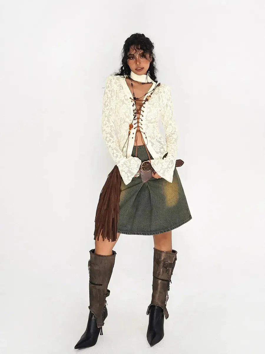 Denim Distressed Mid Thigh Skirt J8964