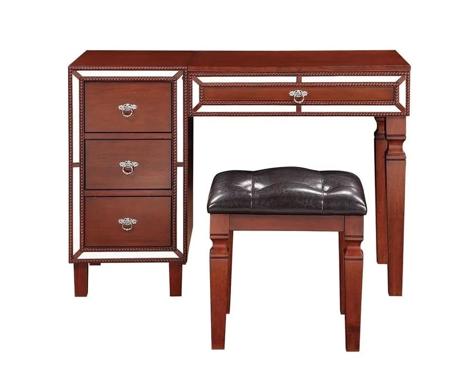 Cherry Color Vanity Set with Stool and Storage Drawers A12307
