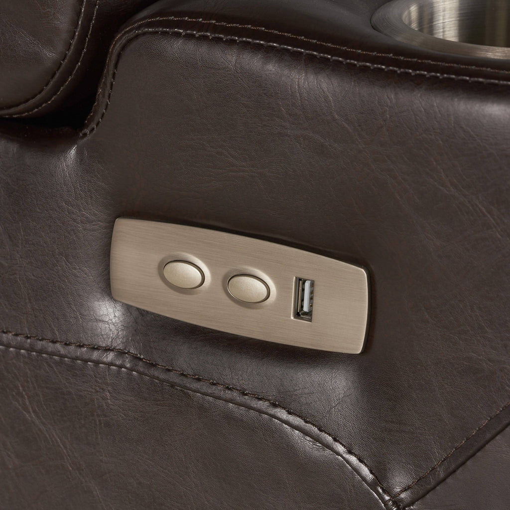 Brown Leather Power Recliner with Arm Storage and USB U2862