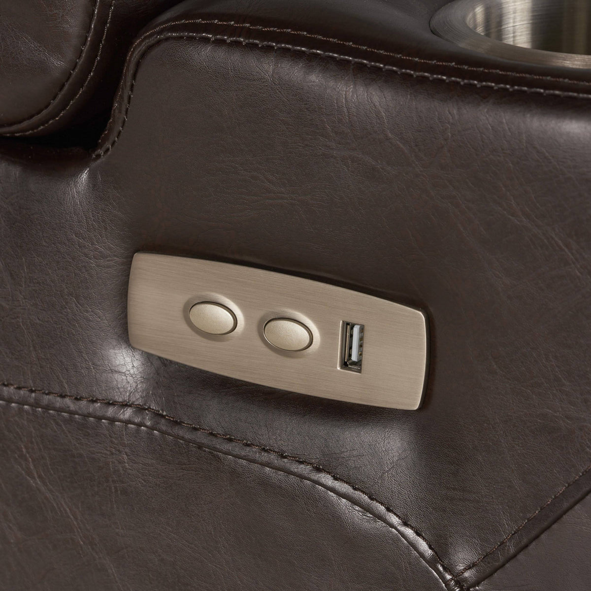 Brown Leather Power Recliner with Arm Storage and USB U2862
