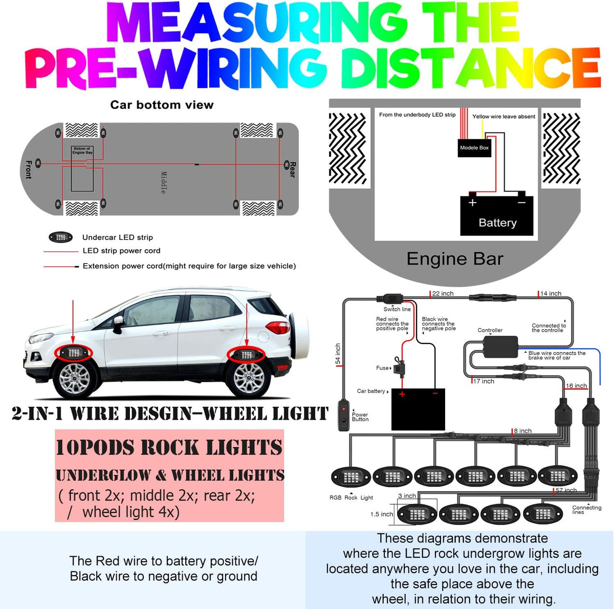 10-pods Trucks LED RGB Neon Underglow Rock Lights Kit, Dual-Zone, 160LEDs, 2-in-1 Line, Waterproof 12V, Pack of 2 J7665