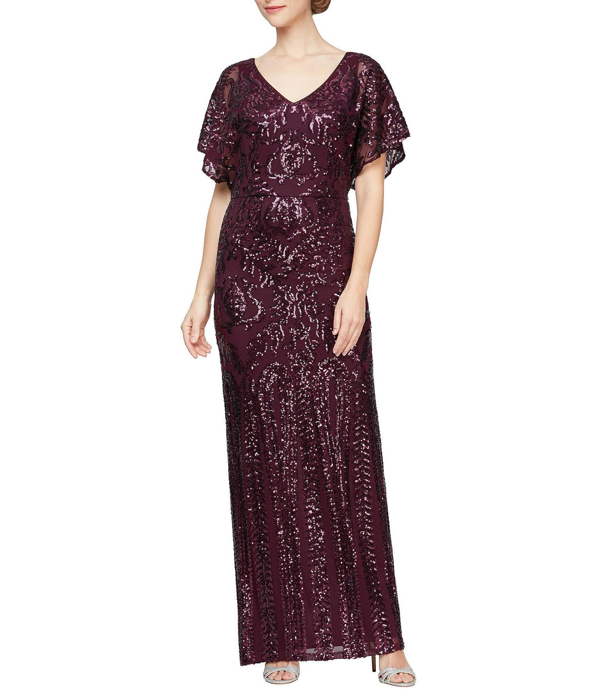 Sequin Flutter Sleeve Back Slit V-Neck Long Gown X497634