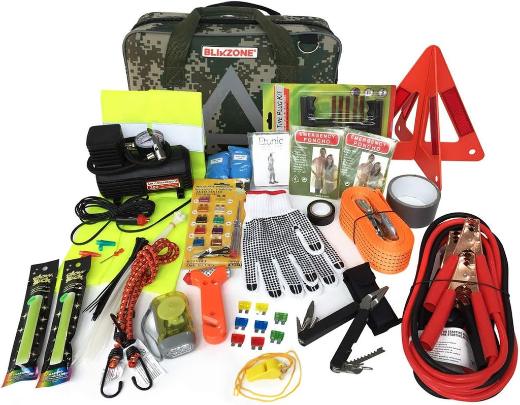 82 Pc Auto Roadside Emergency Car Kit with Tire Repair Kit, Jumper Cables, Portable Air Compressor, Tow Strap, Emergency Triangle T709