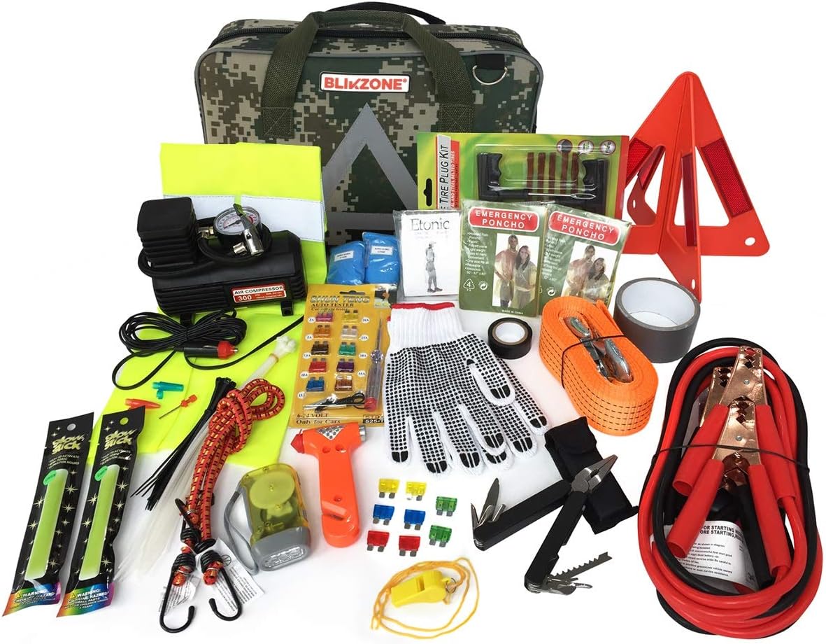 82 Pc Auto Roadside Emergency Car Kit with Tire Repair Kit, Jumper Cables, Portable Air Compressor, Tow Strap, Emergency Triangle T709