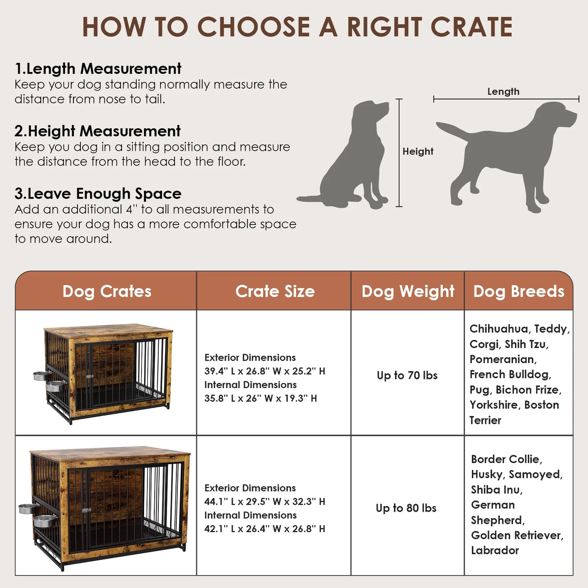 44.1'' Wooden Dog Crate with 2 Stainless Steel Bowls B4900