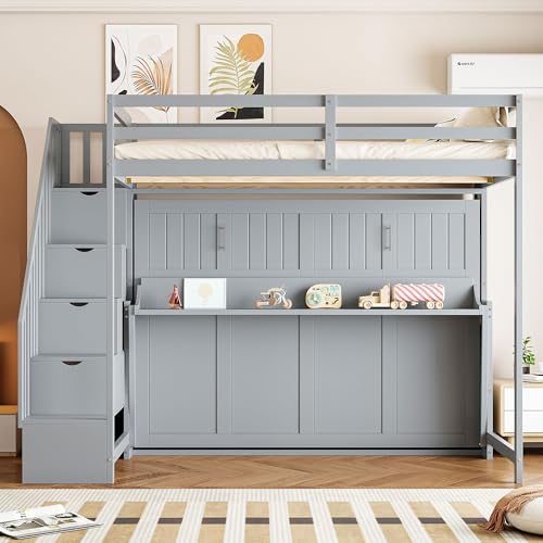 Grey Murphy Bed with Stairs and Desk O759264