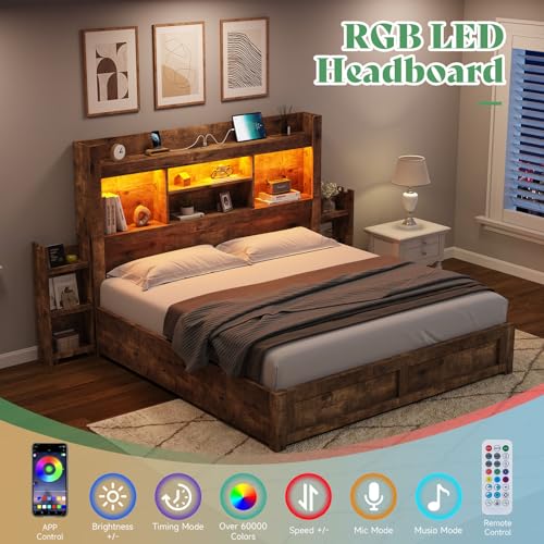 Queen Bed Frame with 4 Storage Drawers and Bookcase Headboard N61115