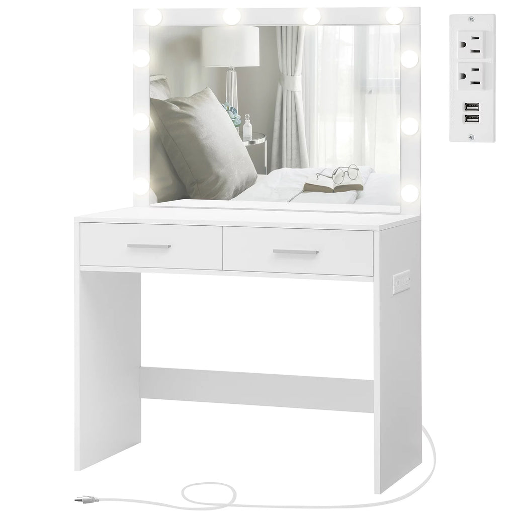 White Makeup Vanity Desk with Lighted Mirror and 2 Drawers R85126