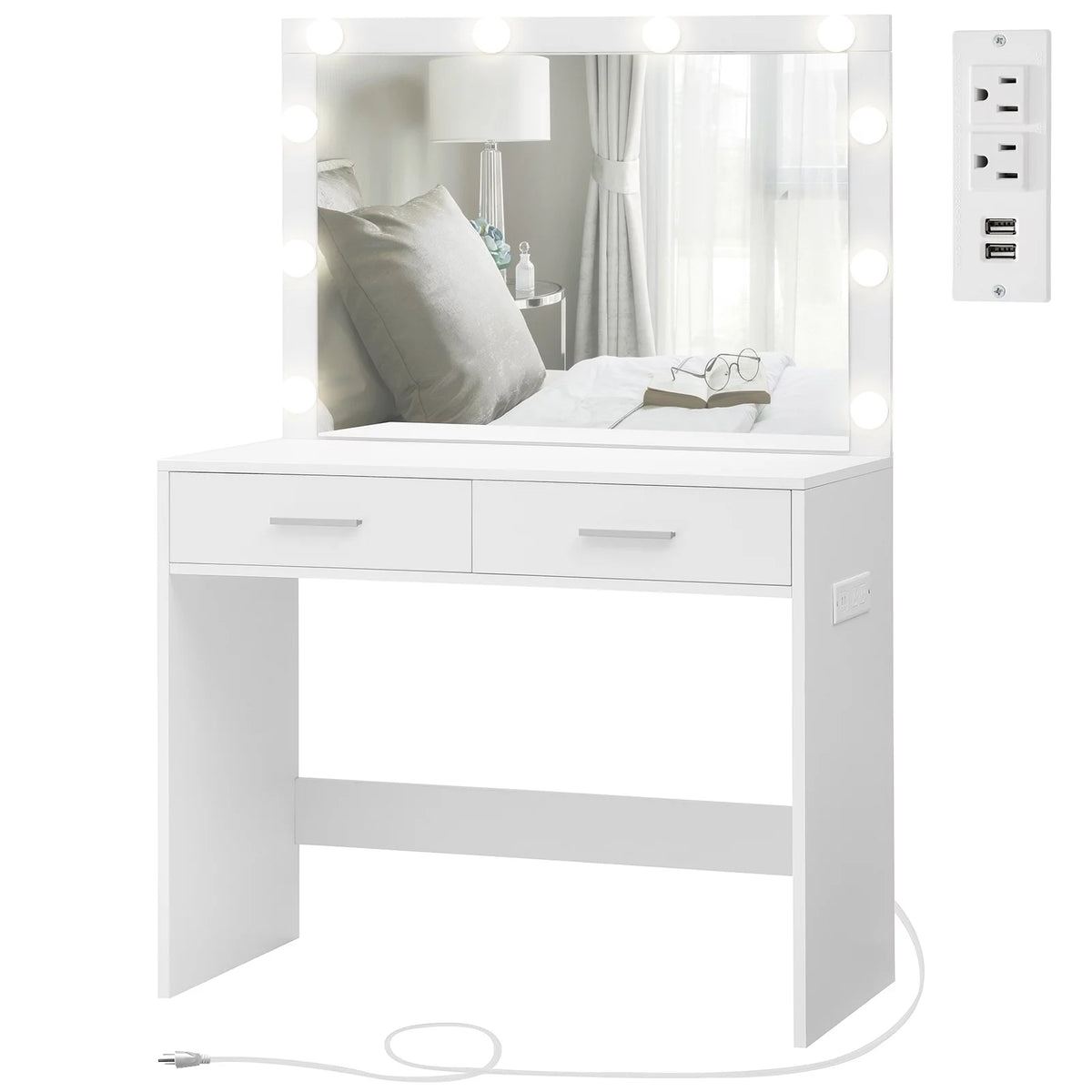 White Makeup Vanity Desk with Lighted Mirror and 2 Drawers R85126