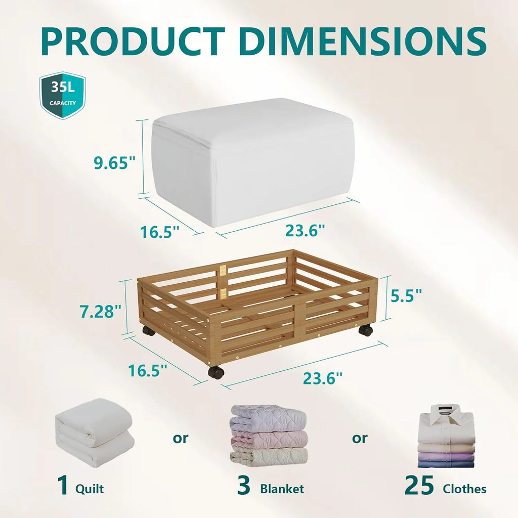 Bamboo Under Bed Storage Containers with Wheels 2 Packs K9110