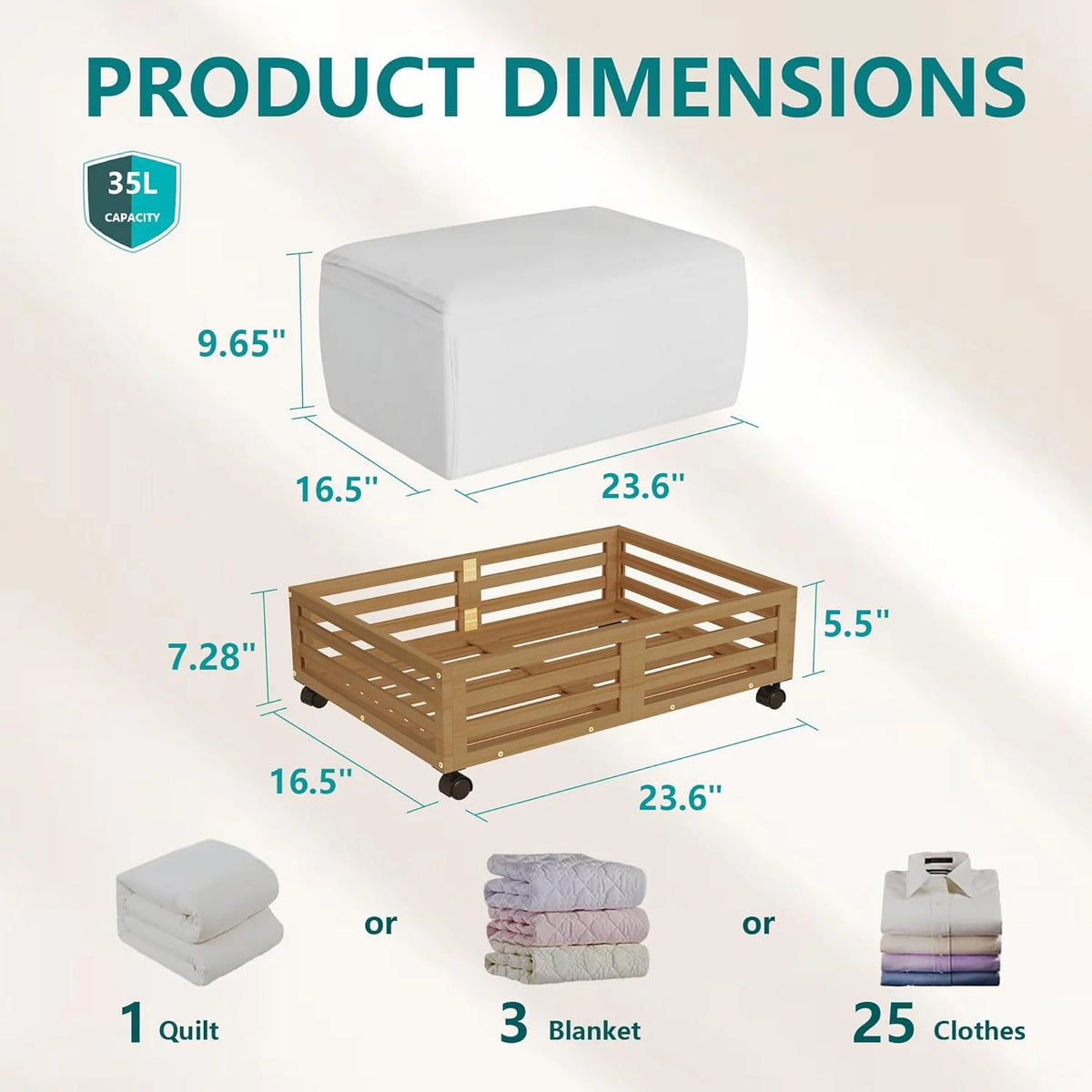 Bamboo Under Bed Storage Containers with Wheels 2 Packs K9110