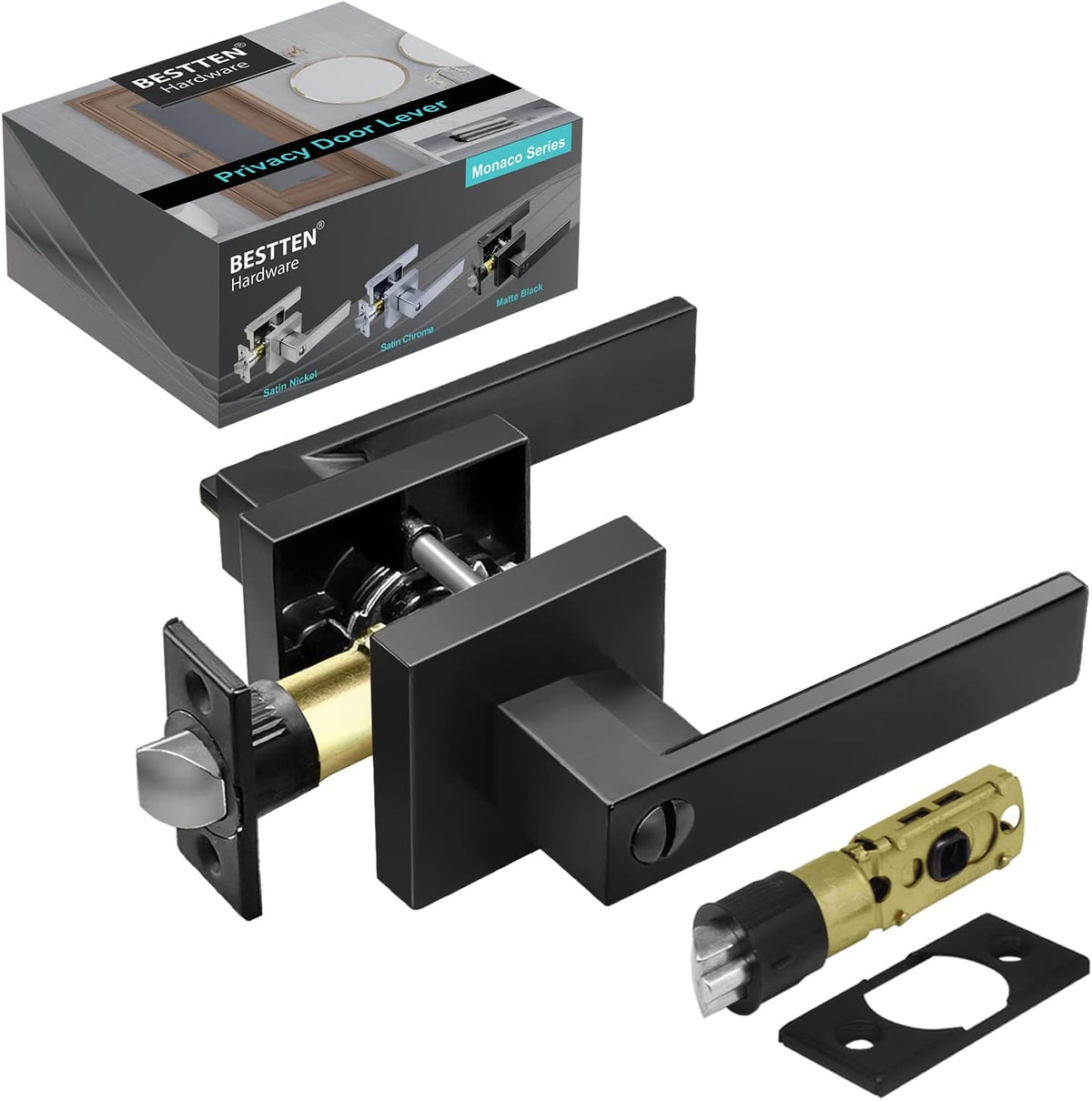Matte Black Square Passage Door Lever Set with Removable Latch Plate T243
